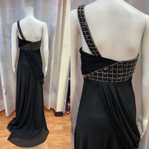 Long one shoulder black chiffon dress size 6 beaded top nwt - Picture 7 of 7
